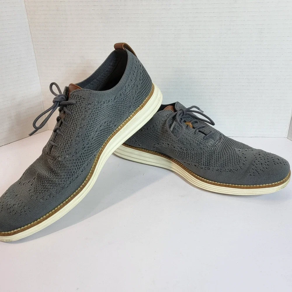 Cole Haan Grand Stitchlite‎ Wingtip Oxford Mens Gray Knit Leather Shoes 11M
